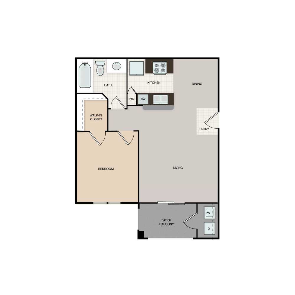 The Avalon Apartments Plan B 1 bed, 1 bath floorplan