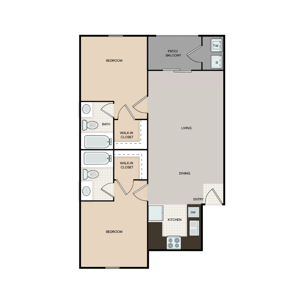 The Avalon Apartments Plan D 2 bed, 2 bath floorplan